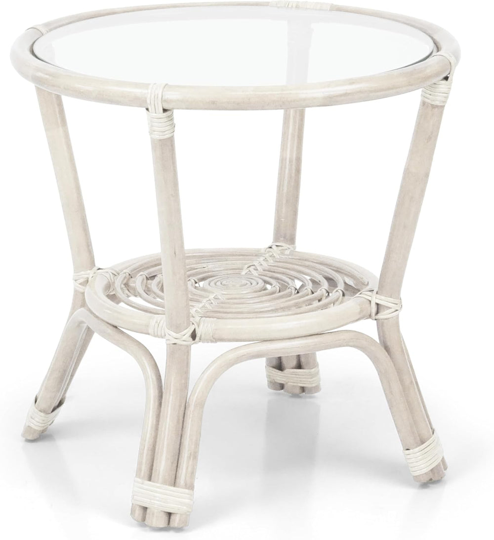 Leo Rattan Wicker Round Accent Coffee Table with Glass, White Color