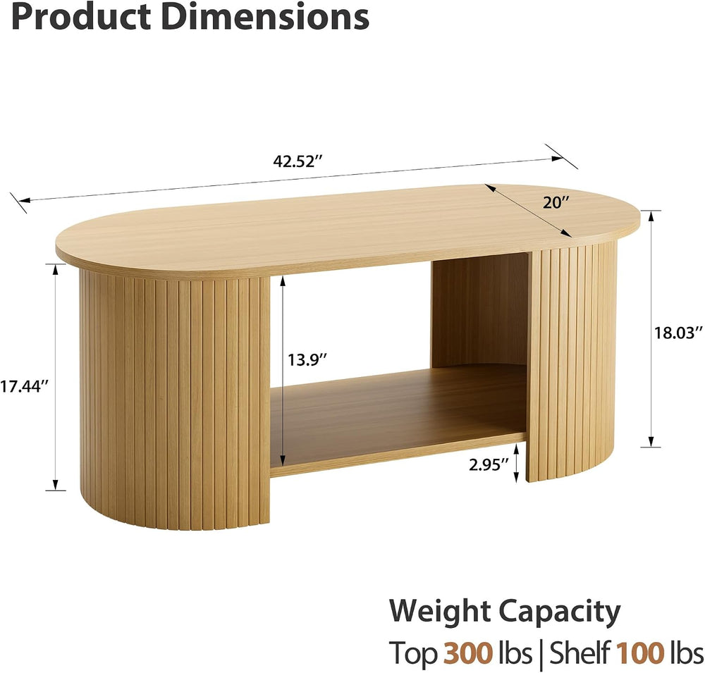 42" Oval Fluted Coffee Table, 2-Tier Center Table with Large Storage, Mi...