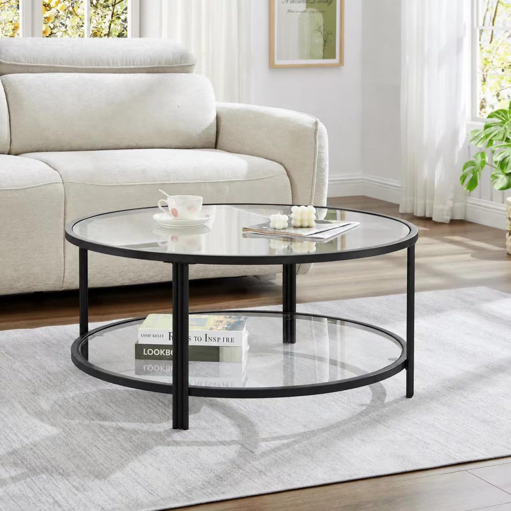 Coffee Tabale - Round Glass Coffee Table - Storage