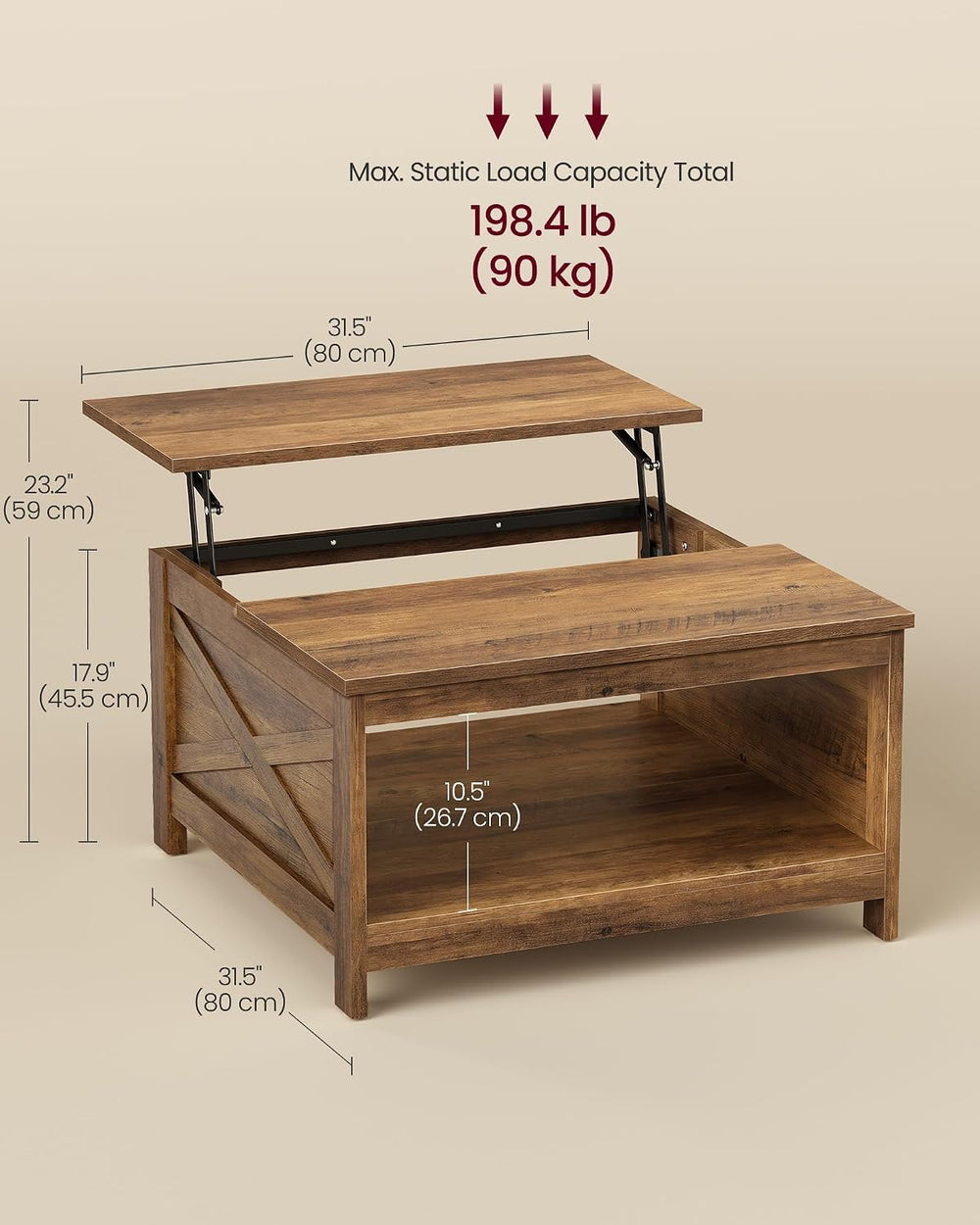 VASAGLE Lift Top Coffee Table, Square Farmhouse Coffee Table with Storage