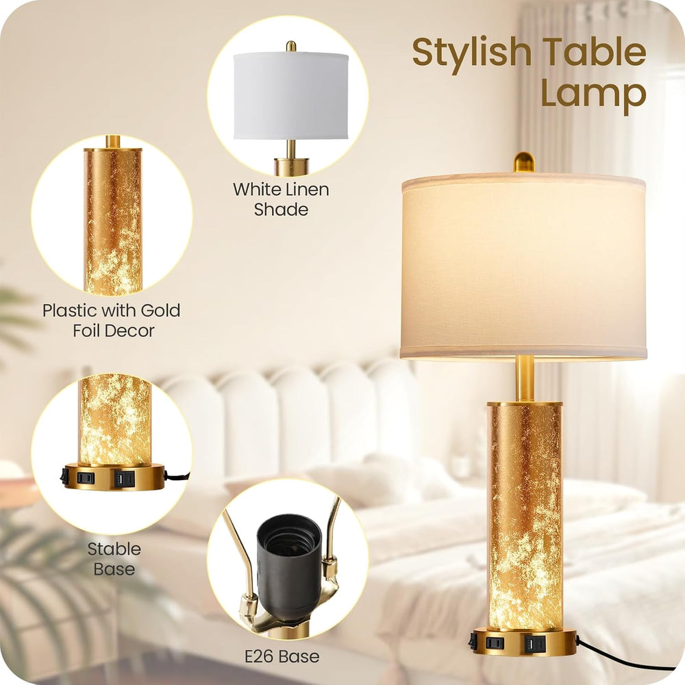 25.6" Gold Table Lamps Set of 2, Tall Bedside Lamps with Nightlight, Mod...