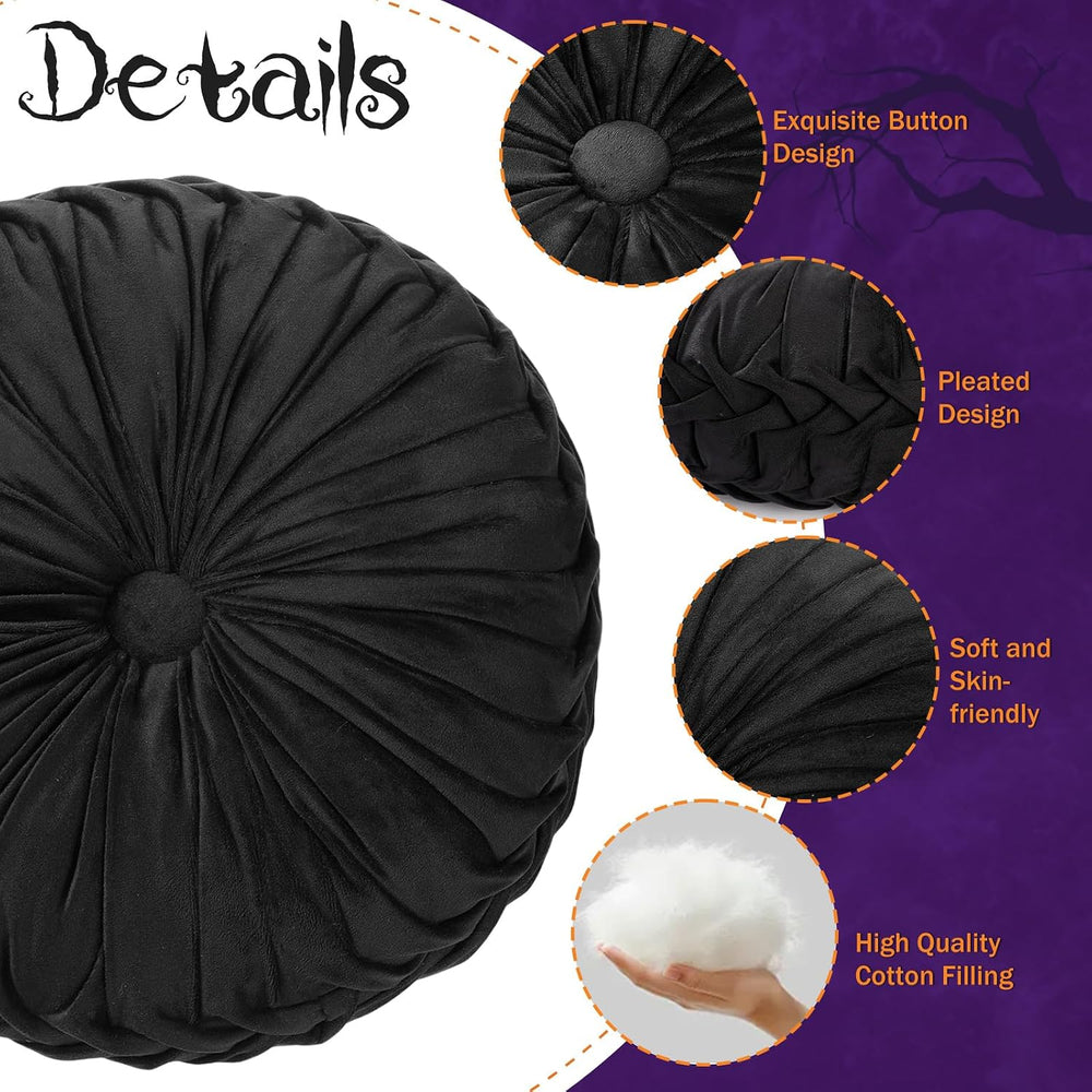 Beeveer 2 Pcs Round Throw Pillows Velvet Pleated Pillows, Black