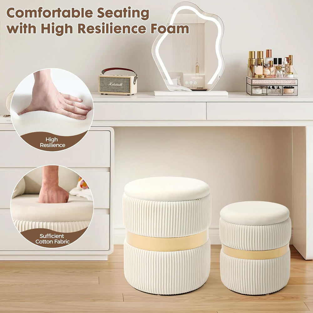 Round Ottoman with Storage Set of 2 White Velvet Vanity Stool