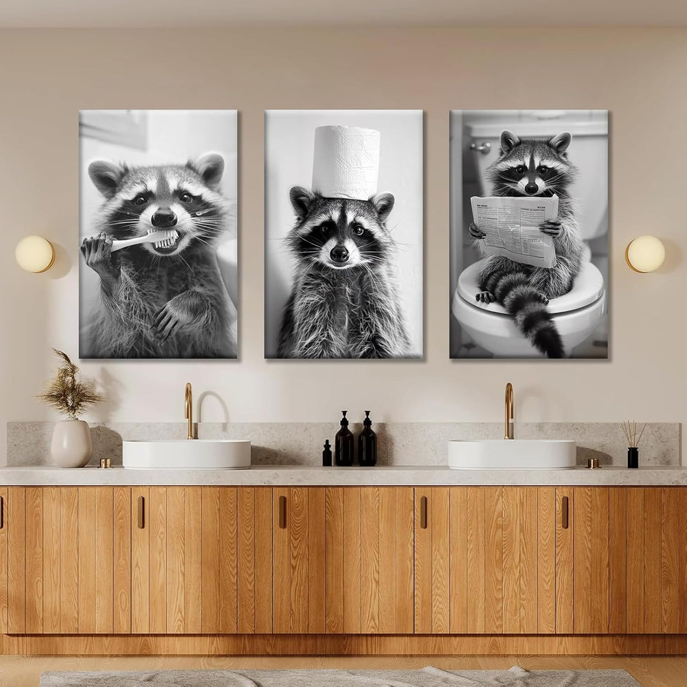3Pcs Adorable Raccoon Bathroom Wall Art Black and White Animal Posters Prints...
