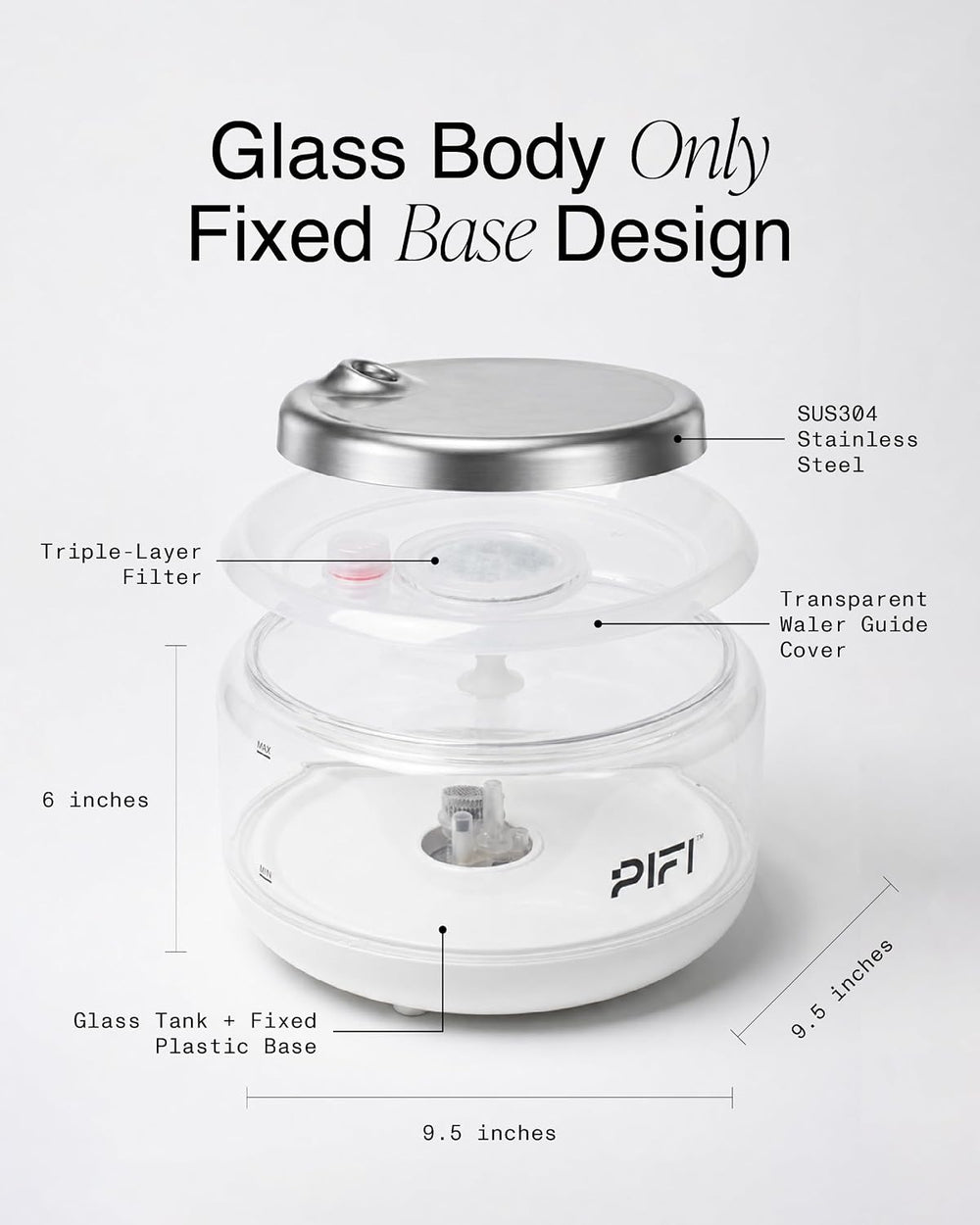 PiFi 4L Cat Water Fountain with Glass Body & Fixed BPA-Free Plastic Base