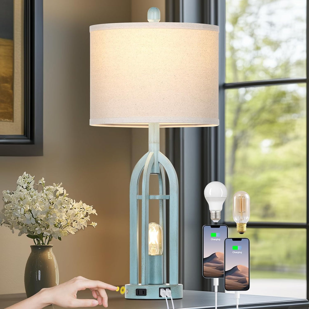 Cinyirong 27" Industrial Farmhouse Table Lamp,Vintage Rustic Blue Beside...