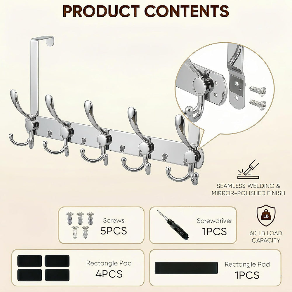 Over The Door Hooks,Coat Rack for Hanging Clothes Hat Towel (Heavy Duty Silve...