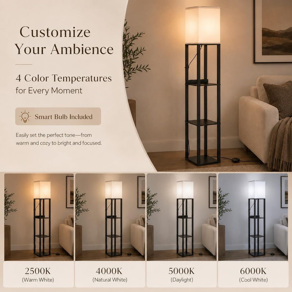 Solid Wood Floor Lamp with Shelves, Dimmable, Remote, for Living Room