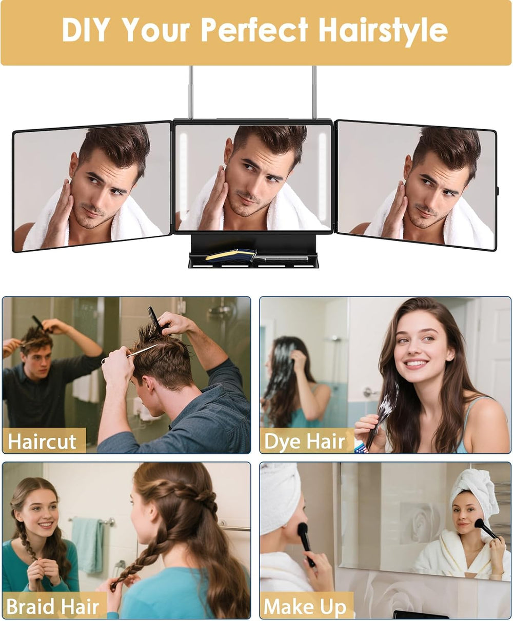 Dripex 3 Way Mirror with Lights & Storage Shelf, Trifold Haircut 360 Mirror