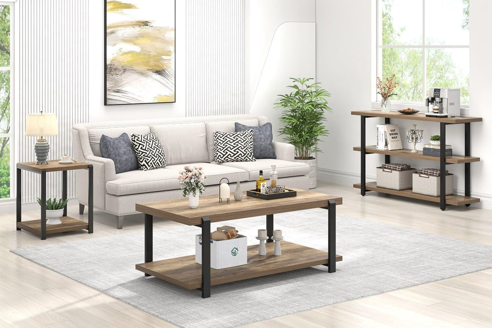 FOLUBAN Industrial Coffee Table with Shelf, Wood and Metal Rustic Cocktail Ta...