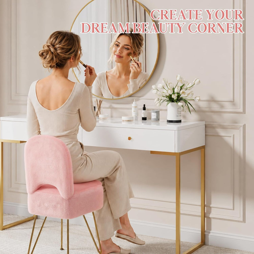 Pink Faux Fur Vanity Chair with Storage and Foldable Backrest