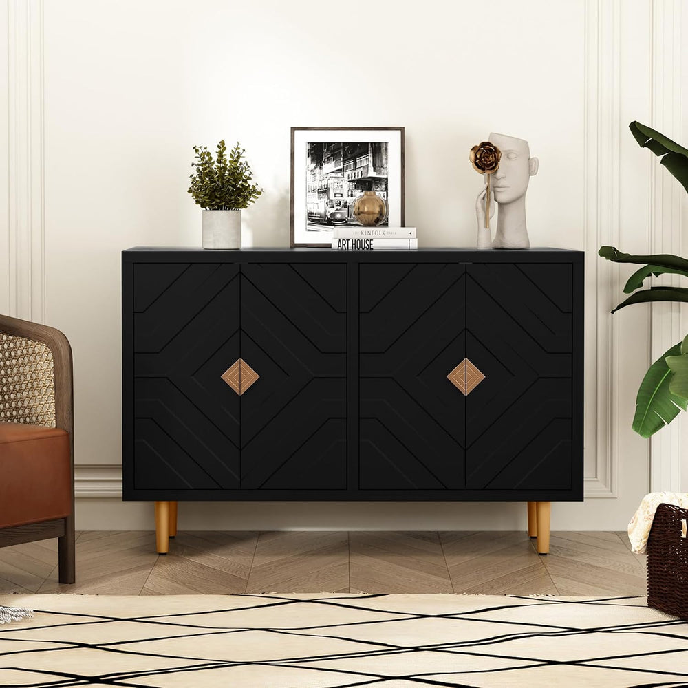 HLR 48'' Modern Sideboard Buffet Storage Cabinet with 4 Doors, Black