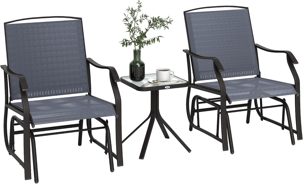 Outsunny 3 Piece Outdoor Glider Chair Coffee Table Bistro Set Gray