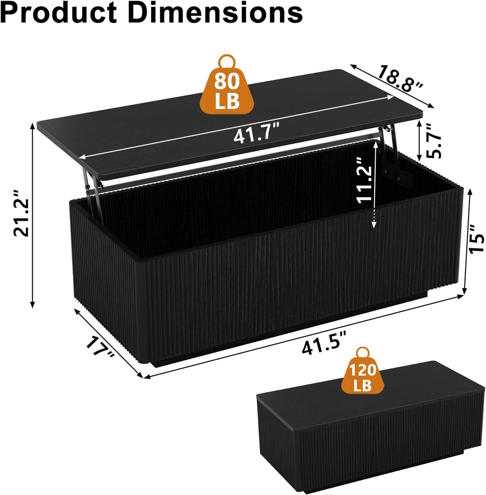FABATO 41.7'' Fluted Lift Top Coffee Table Large Hidden Storage, Black