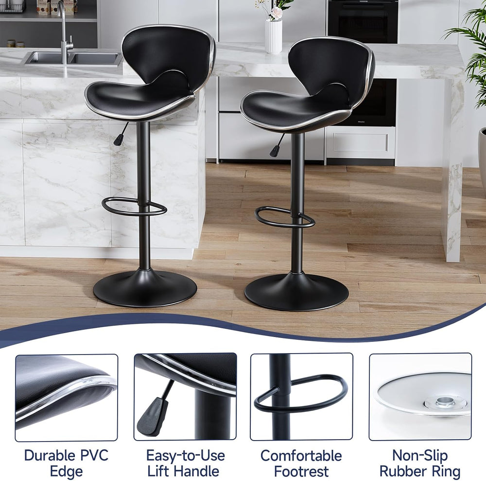 Bar Stools Set of 2 Adjustable Swivel PU Leather Black, Matte Black Base