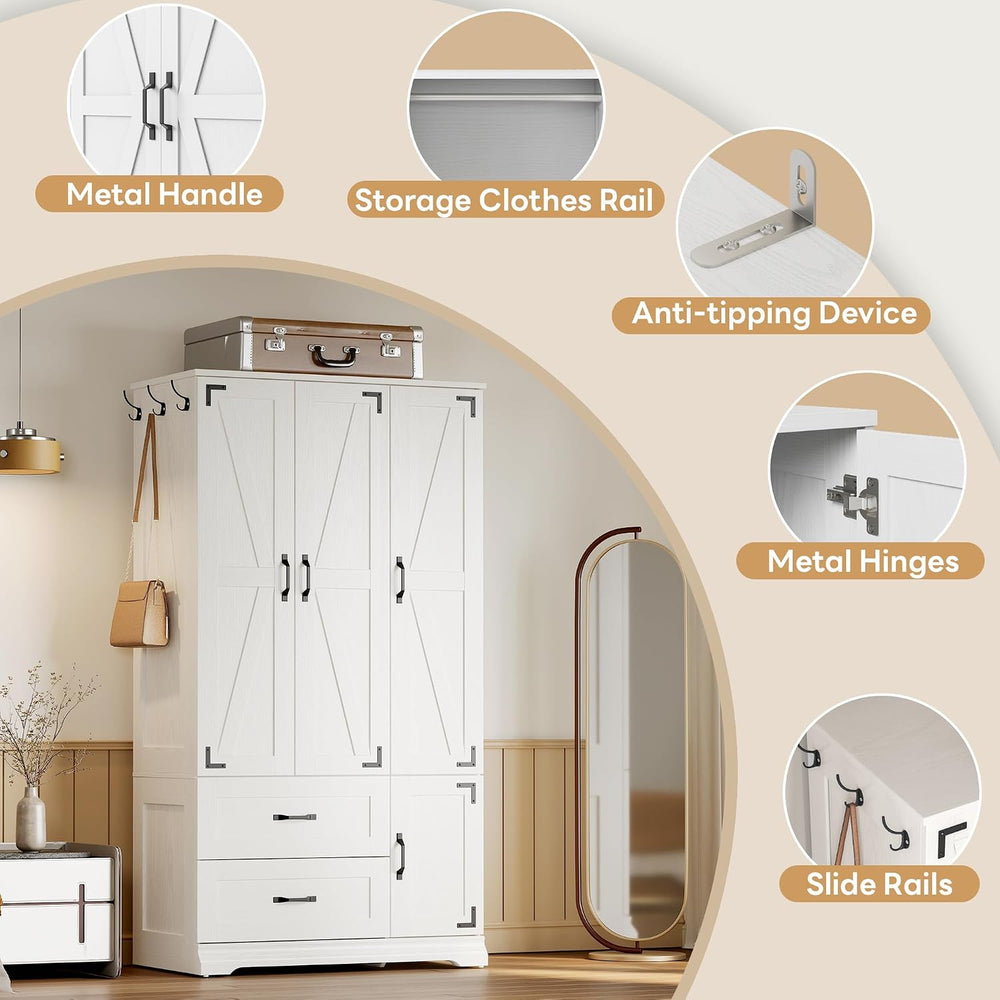 LIKIMIO Armoire Wardrobe Closet 71" with 4 Doors & 2 Drawers, White