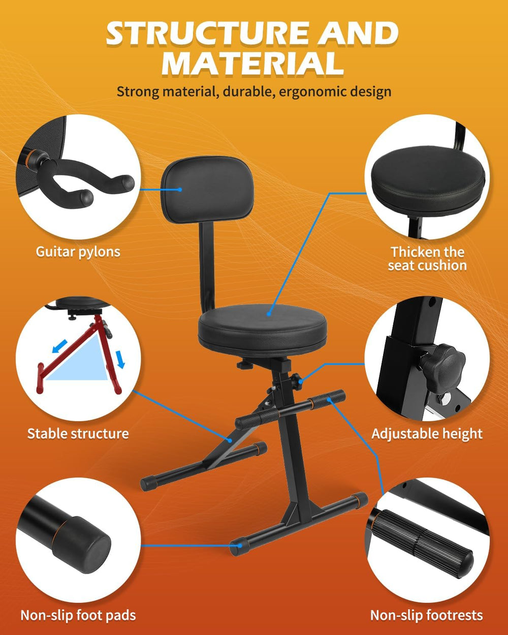 STRICH Guitar Stool With Backrest, Height Adjustable Seat With Hanger for Aco...
