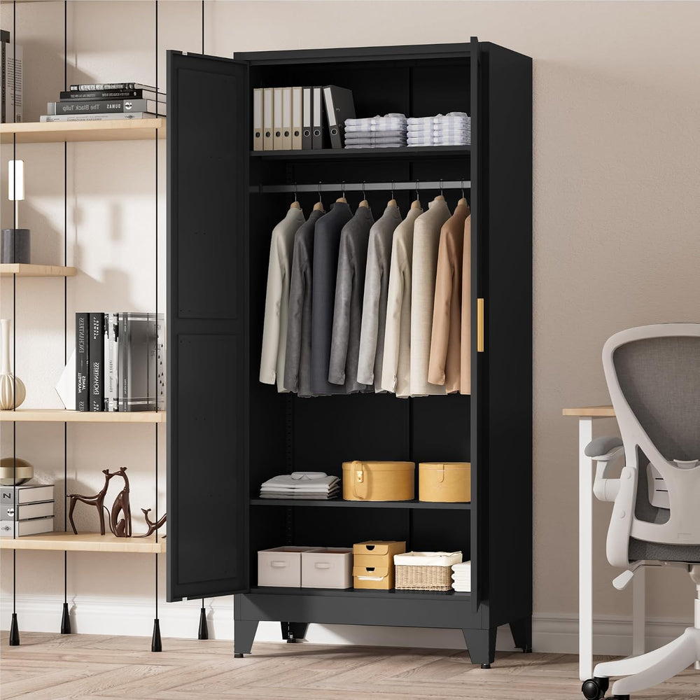 LCAOPC 71" Tall Metal Wardrobe Closet with Adjustable Shelves and Hangin...