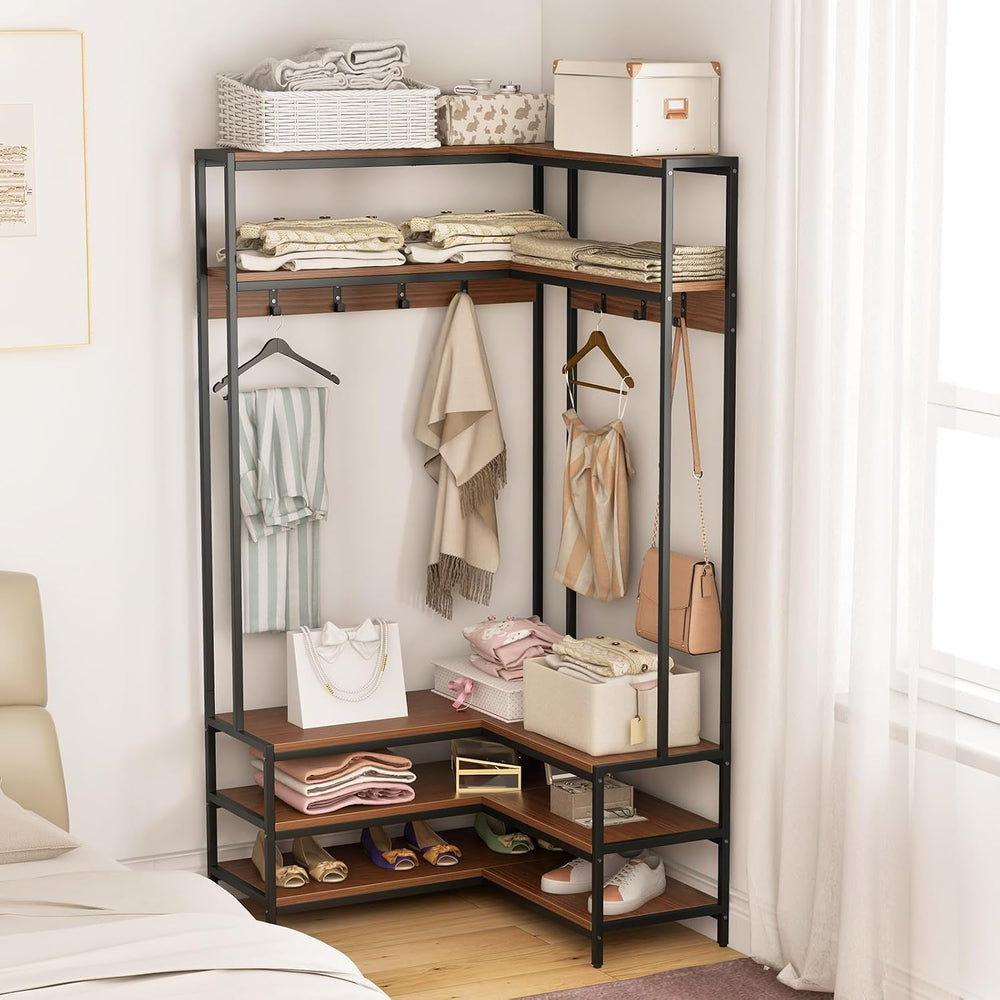 GIANTEX Corner Coat Rack, L-Shaped Hall Tree with Bench and Shoe Storage