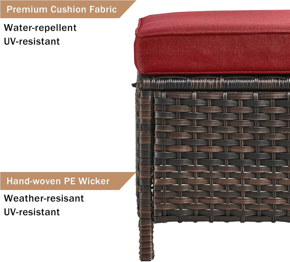 HUMMUH 4 Piece Wicker Patio Swivel Rocker & Ottoman Set, Brown/Red