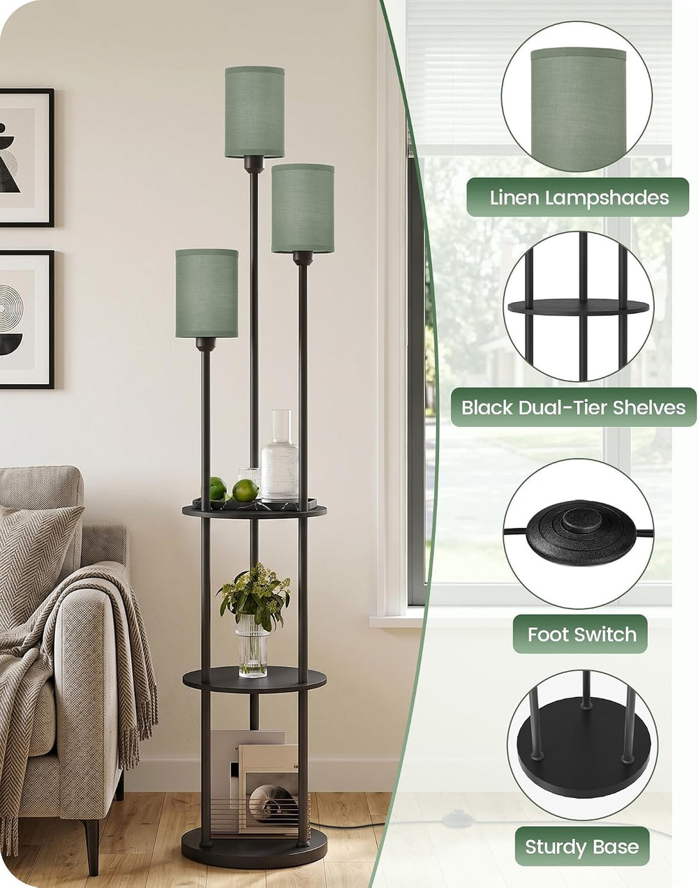 Floor Lamp with Shelves, Modern Floor Lamp with 3 Linen Shades and Foot Switc...