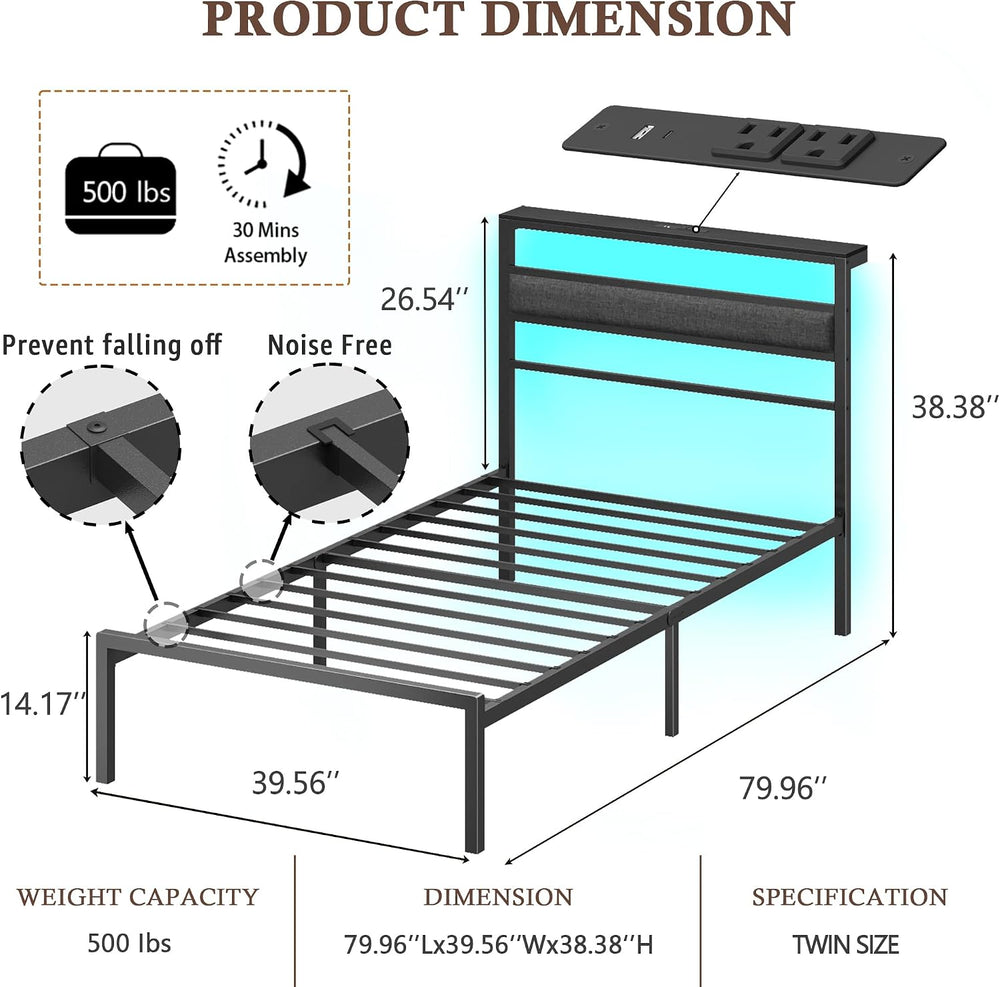 OURPIC Twin Bed Frames, Upholstered Headboard and Storage Shelf, Black