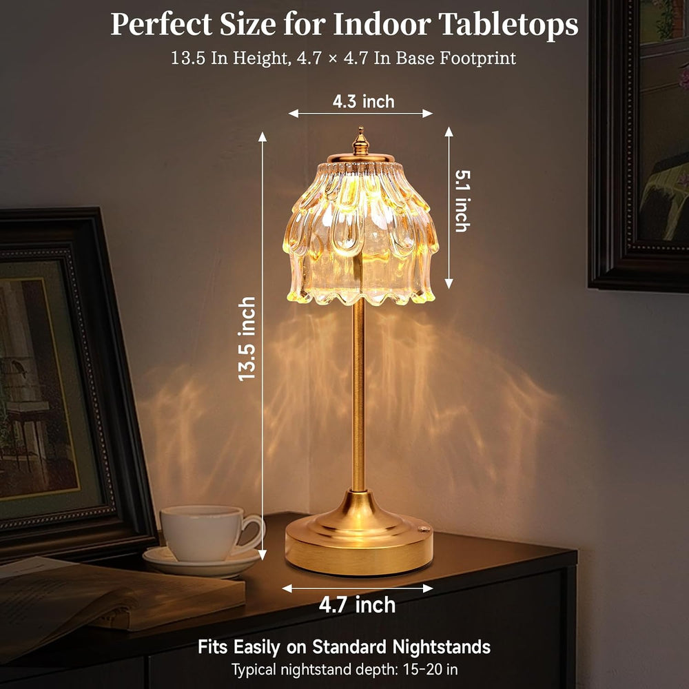 Rechargeable Cordless Table Lamp with Amber Glass, Gold Flower Table Lamp