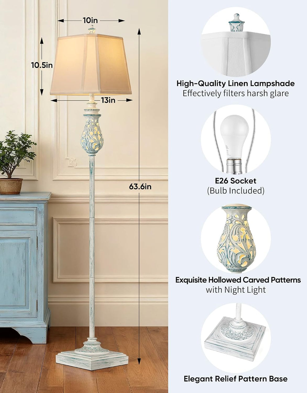 64'' Vintage Floor Lamp with Nightlight, Wash Blue (Bulb Included)