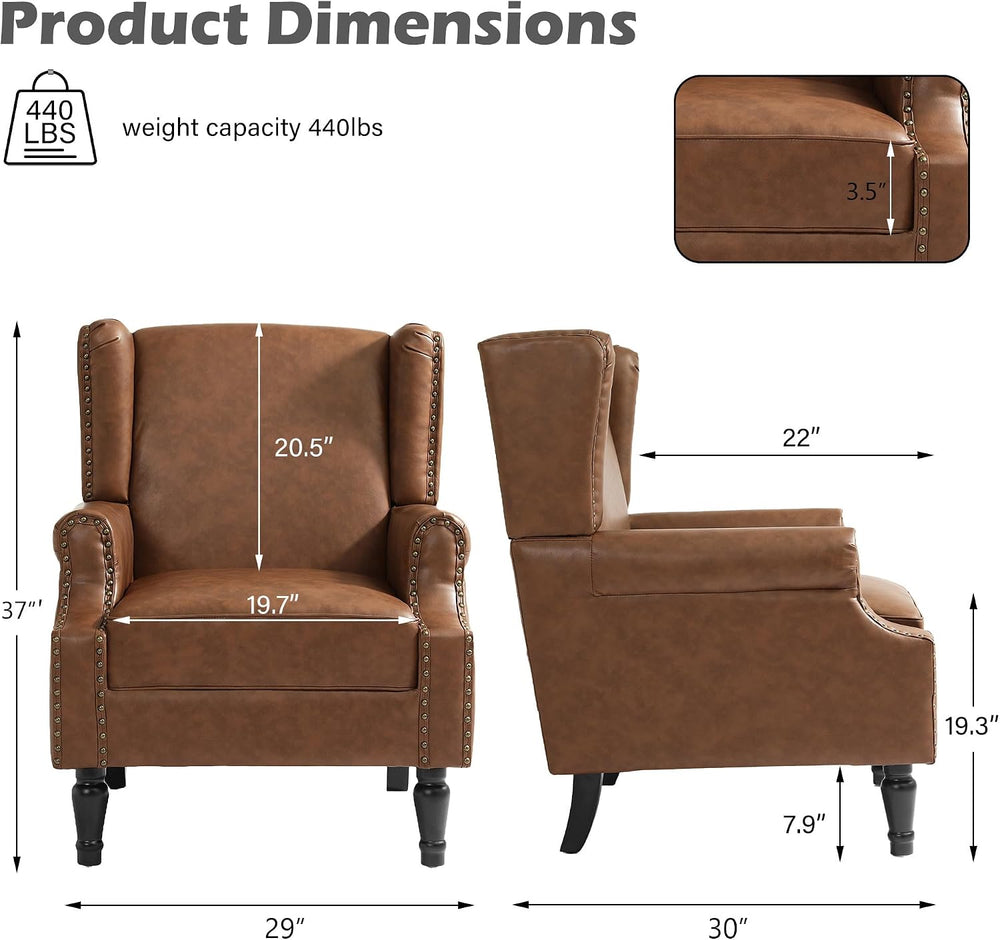 High Back Accent Chairs Set of 2, PU Leather Wingback Armchair, Brown
