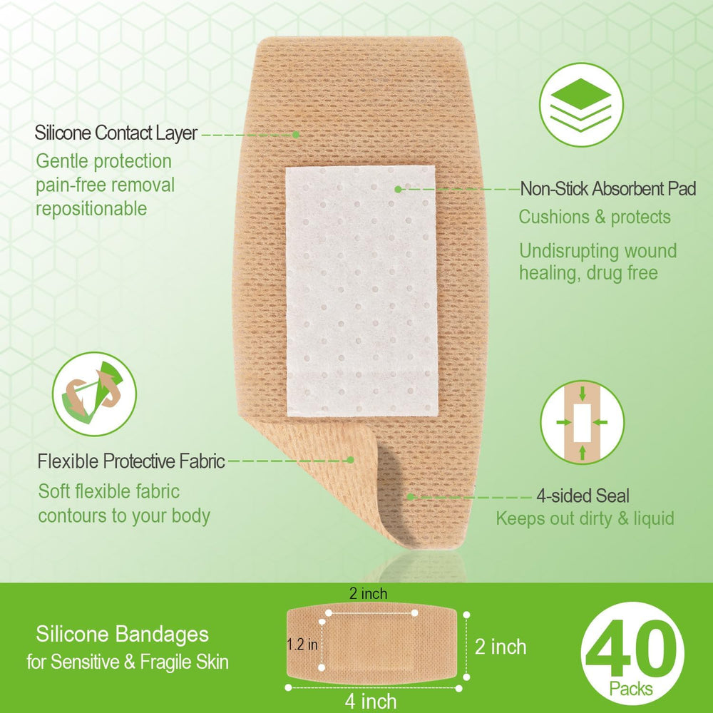 NeuHeils Silicone Bandages for Sensitive Skin 2x4 Inch Large, 40 Pack