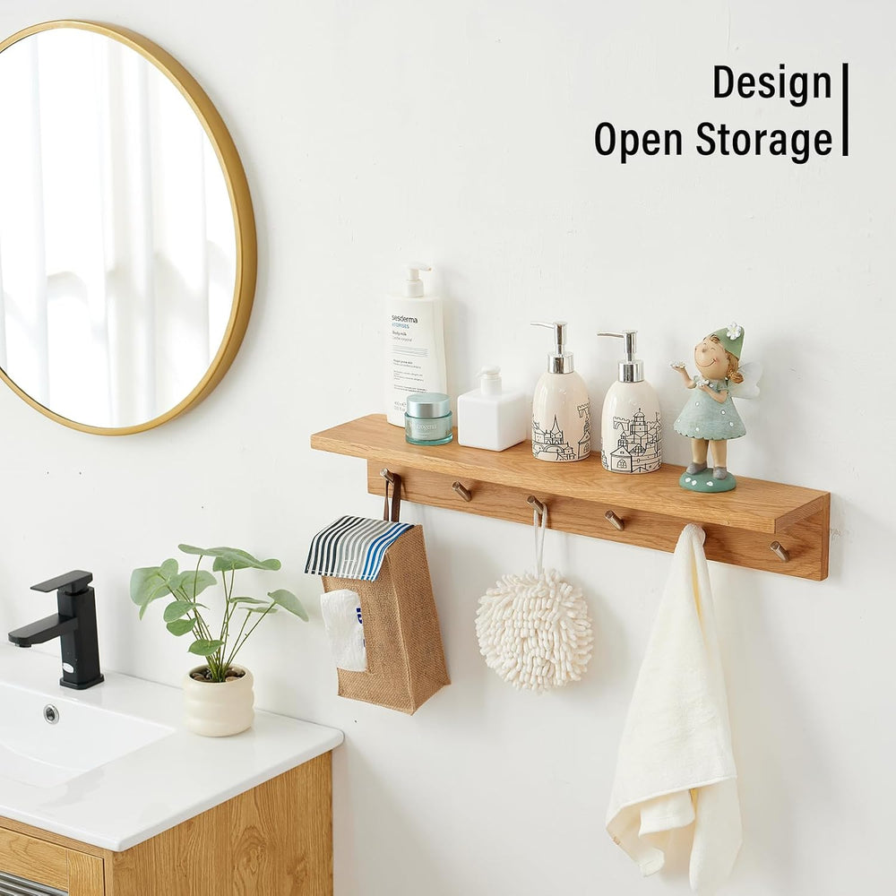Wall Hooks with Shelf Oak Wood Coat Rack Shelf Wall Mounted, Entryway Shelves...