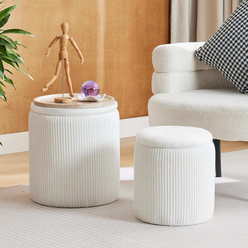 BLEXA Round Ottoman with Storage Set of 2-White Velvet Vanity Stool