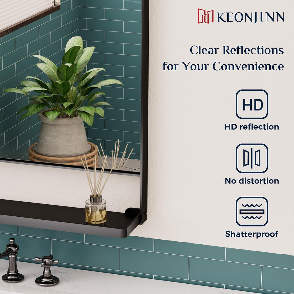 Keonjinn 18 x 28 Inch Black Bathroom Mirror with Shelf, Rust-Resistant