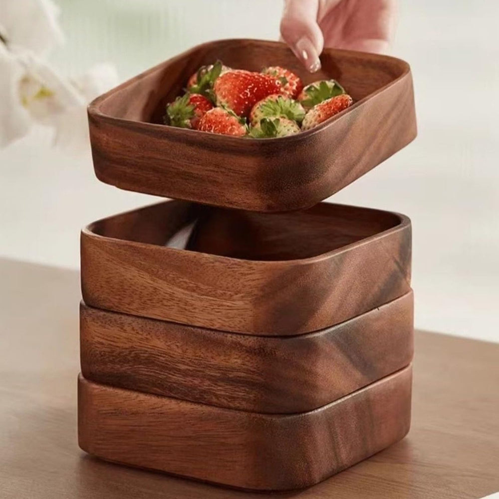 2 Piece Set Acacia Wood Snack Bowl, 5.9" Square Wooden Serving Tray with...