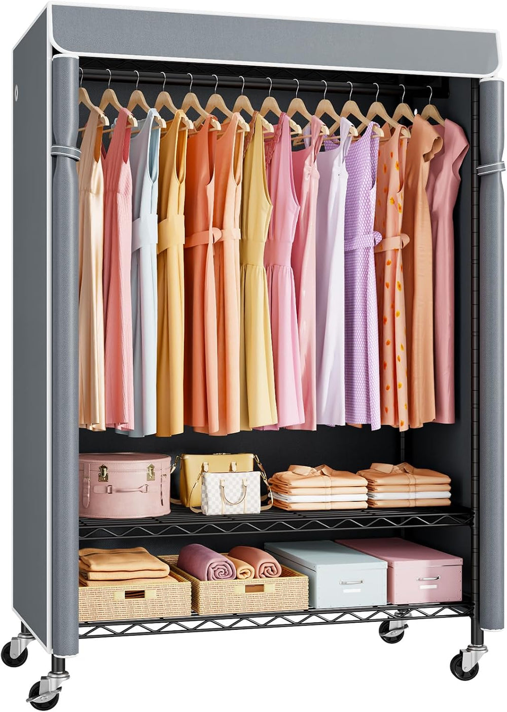 ULIFHOME P6C Plus Rolling Clothes Rack with Cover, Covered Clothing Rack