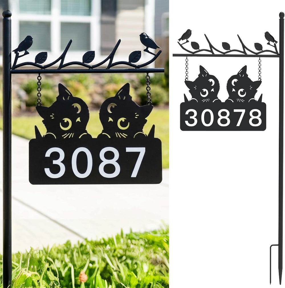 Metal Cat Address Sign, Home Numbers Plaque, Address Post Sign Double-Sided