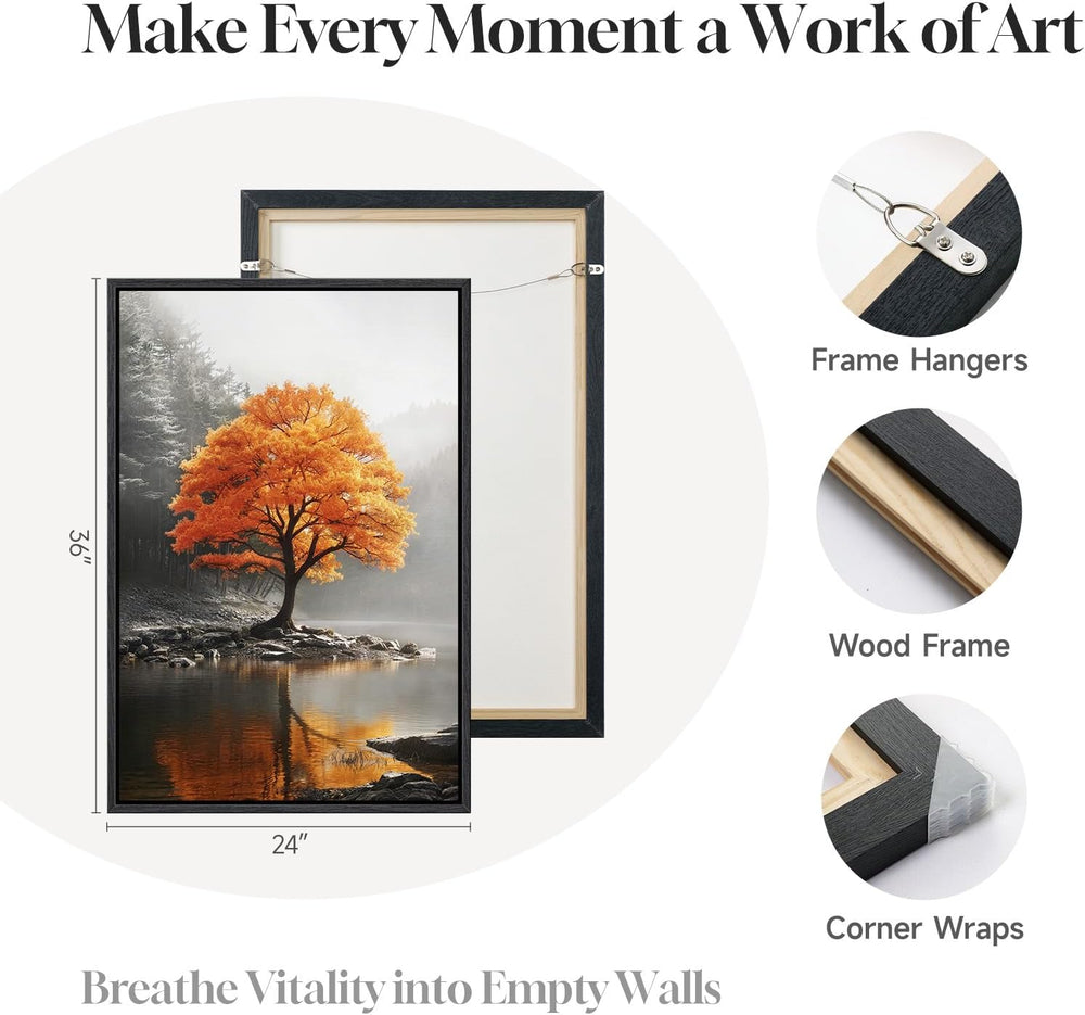 Framed Orange and Grey Fall Tree Forest Lake Landscape Wall Art, 24x36 In