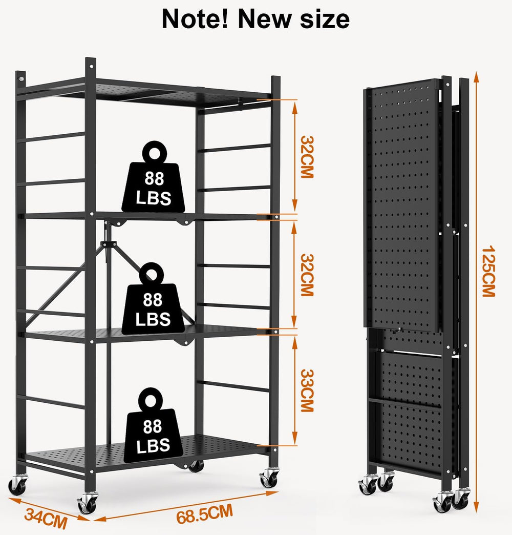 Himix 4-Tier Foldable Storage Shelf with Wheels 20 Hooks Black No Assembly