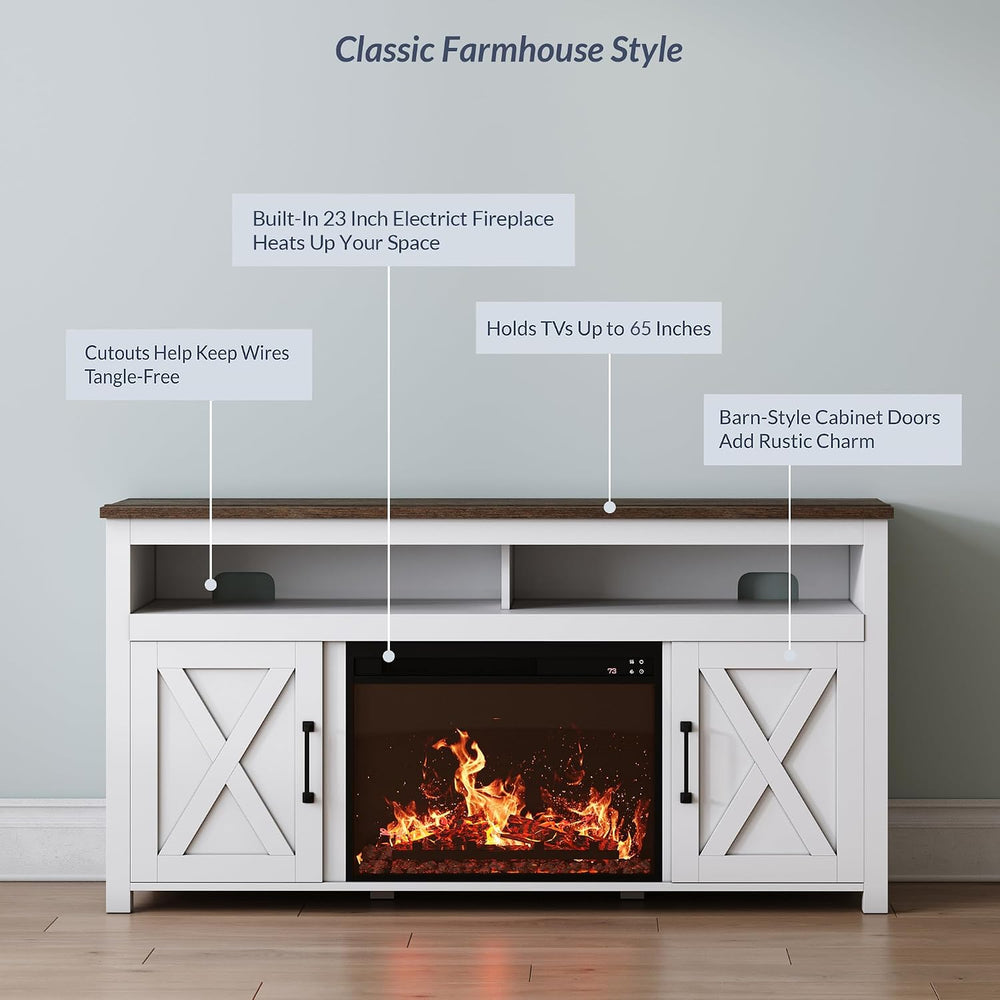 BELLEZE Corin 58" TV Stand with 23" Electric Fireplace - White