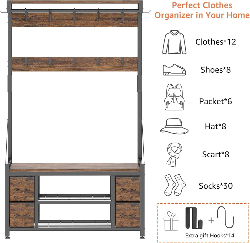 39" Hall Tree with Storage Coat Rack freestanding Entryway Furniture Ben...