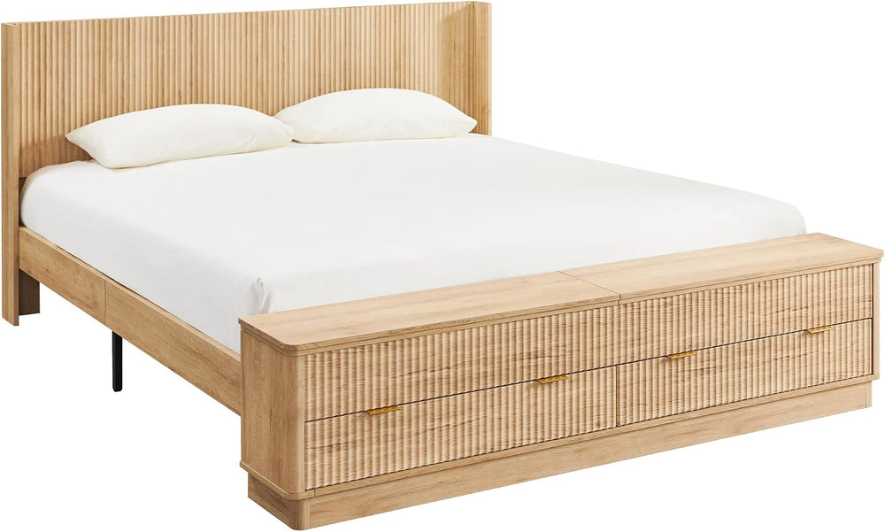 T4TREAM Fluted King Bed with Headboard and Storage Bench, Natural Oak