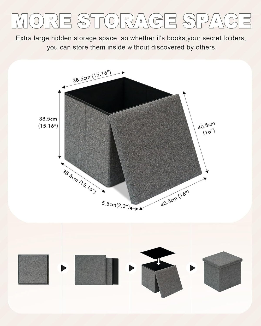B FSOBEIIALEO Storage Ottoman with Tray, 16" Linen Small Ottomans Cube,Grey