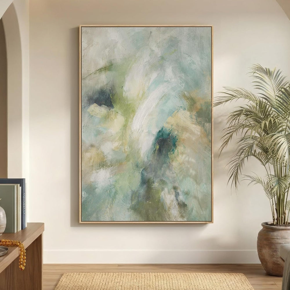 Extra Large Framed Teal Sage Green Abstract Wall Art, Vertical 40x60 In