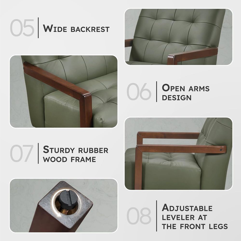 Lexicon Modern Leather Match Accent Chair,Tufted,Solid Wood Arms,Green