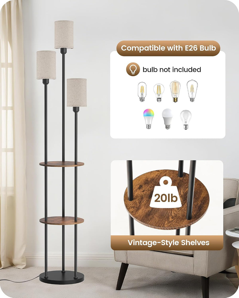70.9" Floor Lamp with Shelves, Modern Floor Lamp with 3 Linen Shades and...