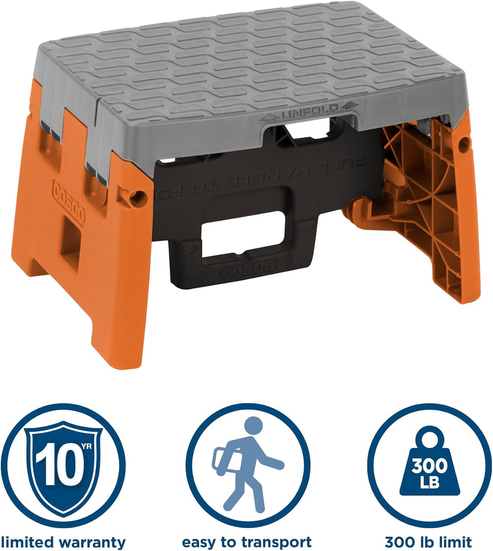 COSCO 1 Step Molded Folding Step Stool, Type 1A, Black, Orange, and Gray