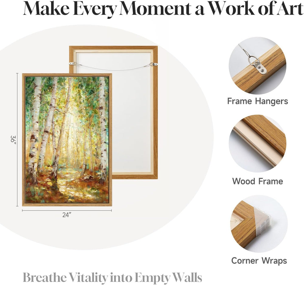 Framed Birch Tree Forest Landscape Wall Art for Living Room, 24x36 Inch