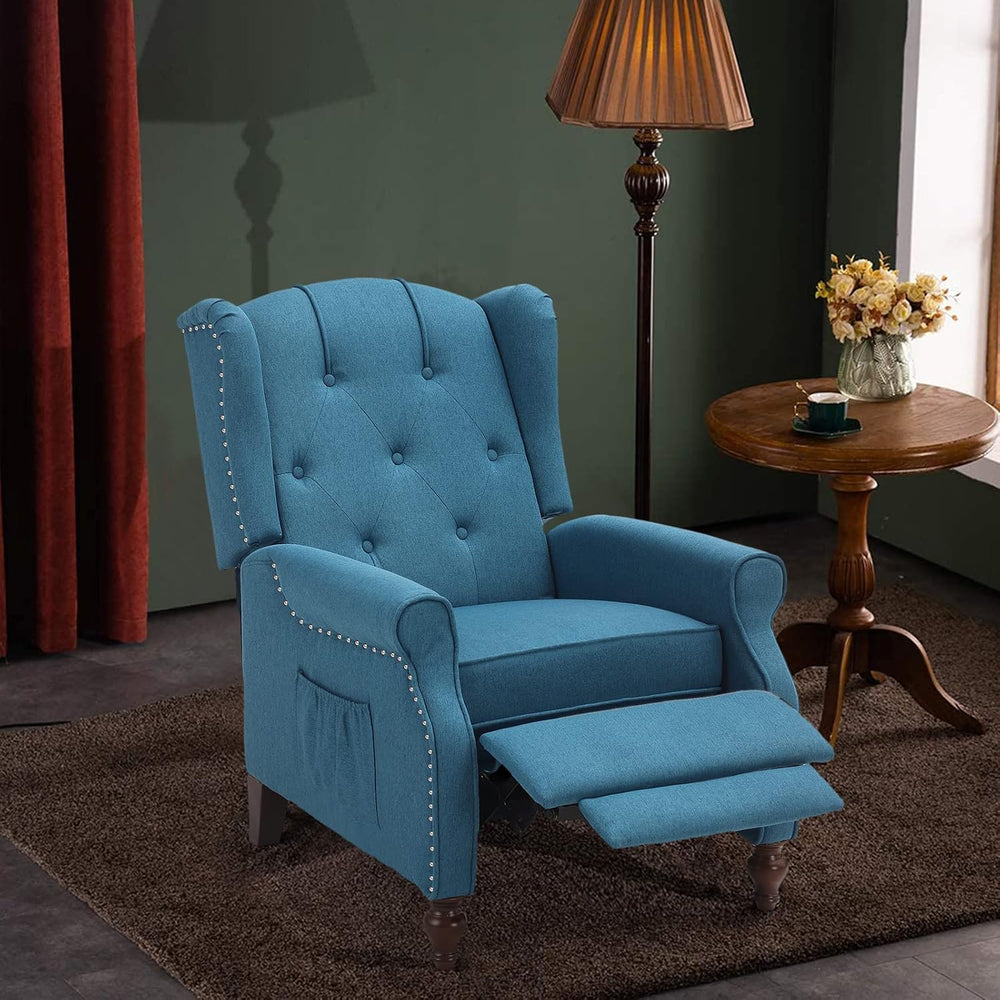 Wingback Chair, Push Back Recliner Armchair, Blue, Single