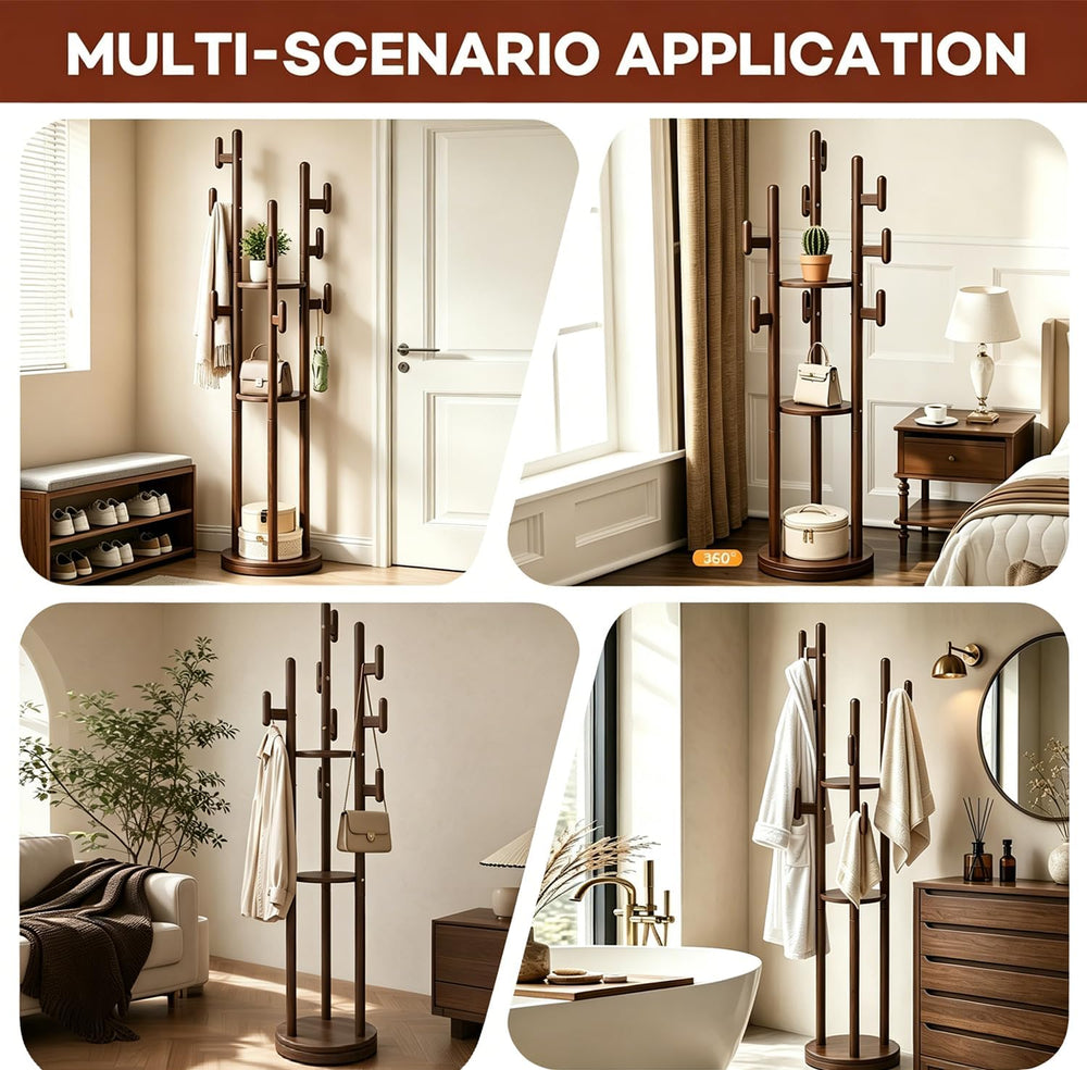 Rotary Coat Rack Freestanding - Solid Wood Coat Tree with 9 hooks & 3 Sto...