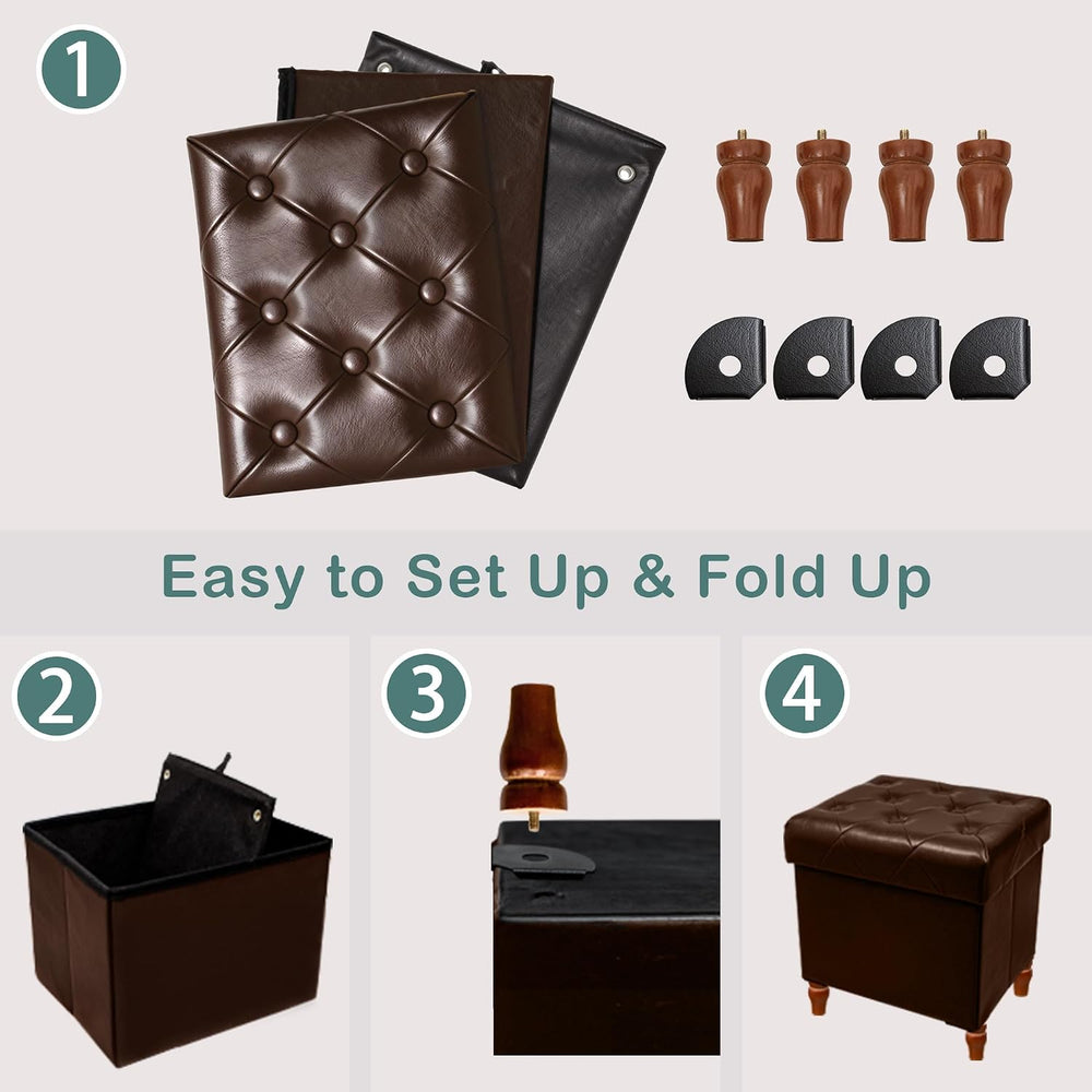 CAROLMADE Folding Storage Ottoman Cube PU Leather Footstool with Wood Legs Ot...
